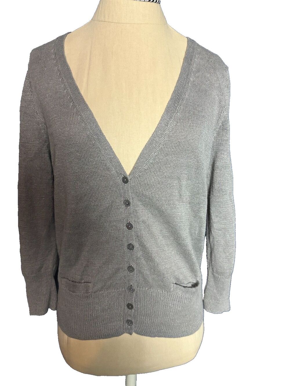 Eileen Fisher Linen Cardigan Gray-taupe Pockets Size Small